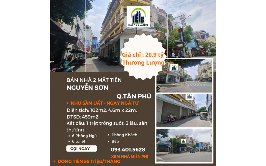 BÁN GẤP nhà 2 Mặt tiền Nguyễn Sơn 102m2, 3 Lầu+ST - DÒNG TIỀN 55TR/TH